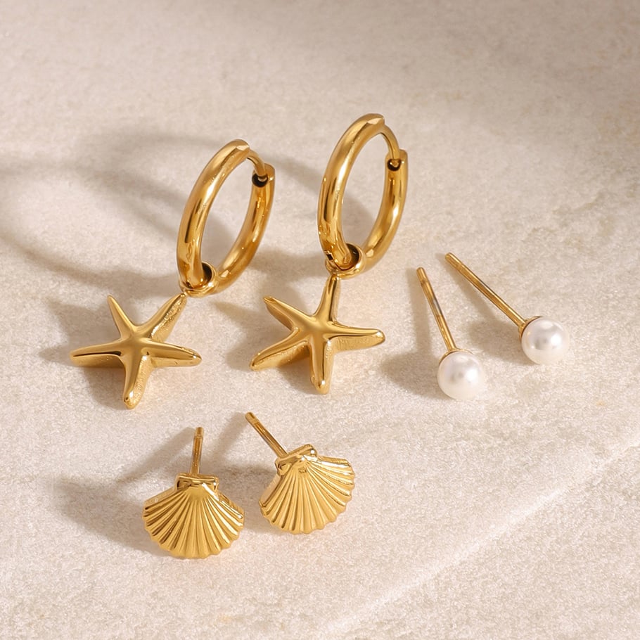 1 Pair Romantic Series Classic starfish Stainless Steel 18K Gold Plated Artificial Pearl Women Earrings Set Picture4