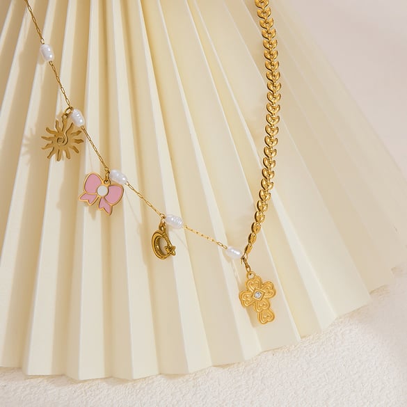 1 pezzo serie classica croce classica acciaio inossidabile placcato oro 18 carati perla artificiale collane con ciondolo da donna 2