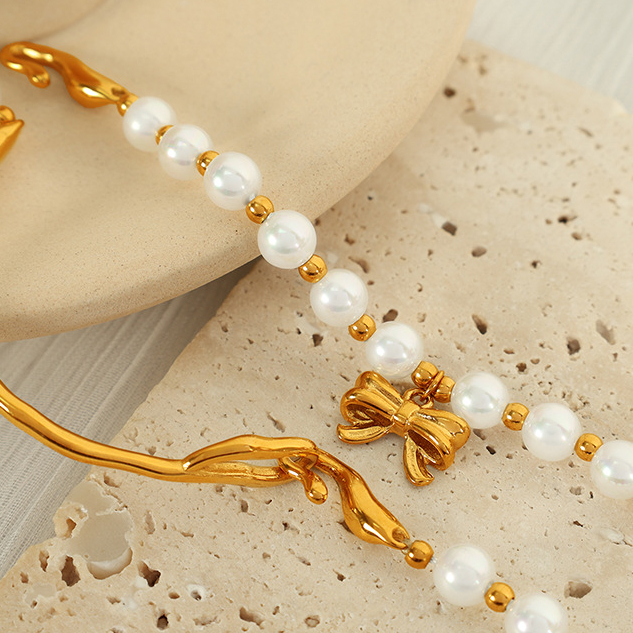 1 Piece Classic Series Retro Bow Knot Stainless Steel 18K Gold Plated Artificial Pearl Women Beaded Bracelets Picture4