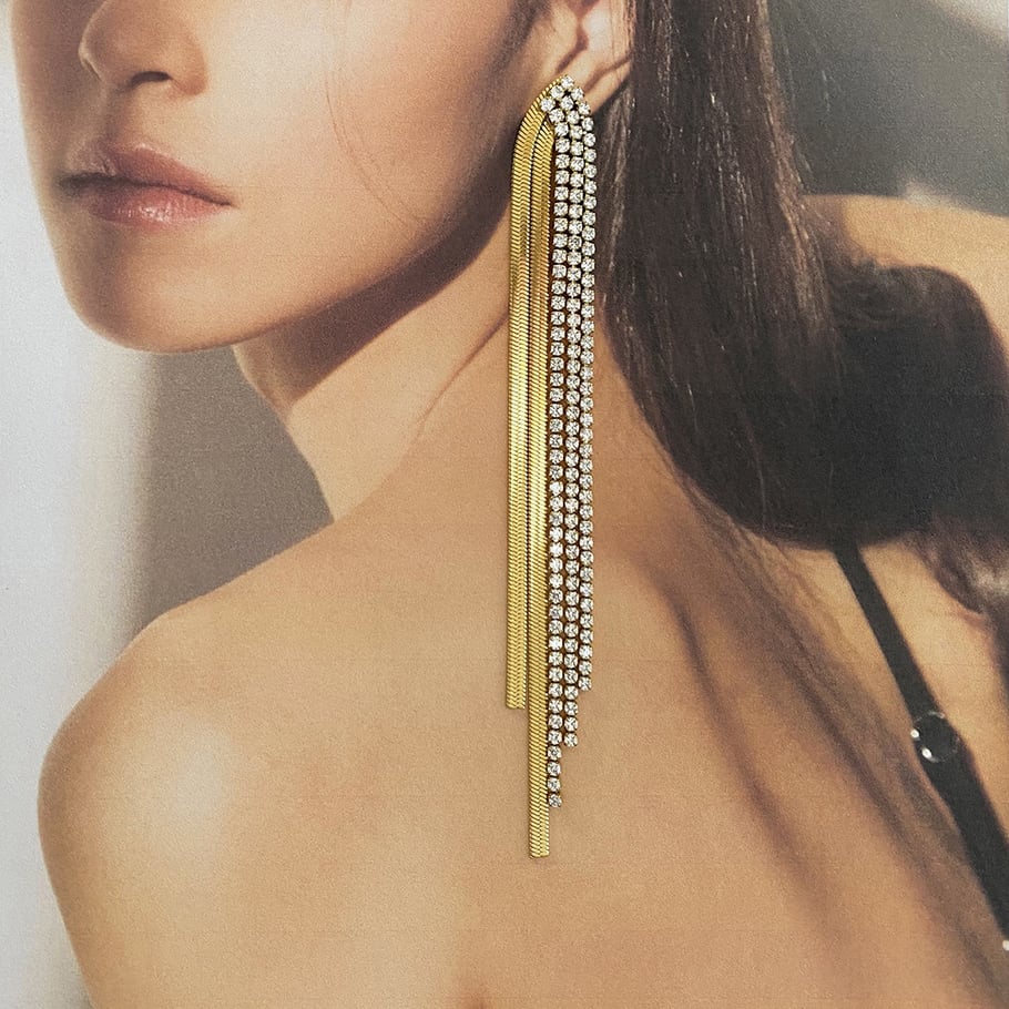 1 Pair Classic Series Elegant line Stainless Steel 18K Gold Plated Rhinestone Women Drop Earrings Picture7