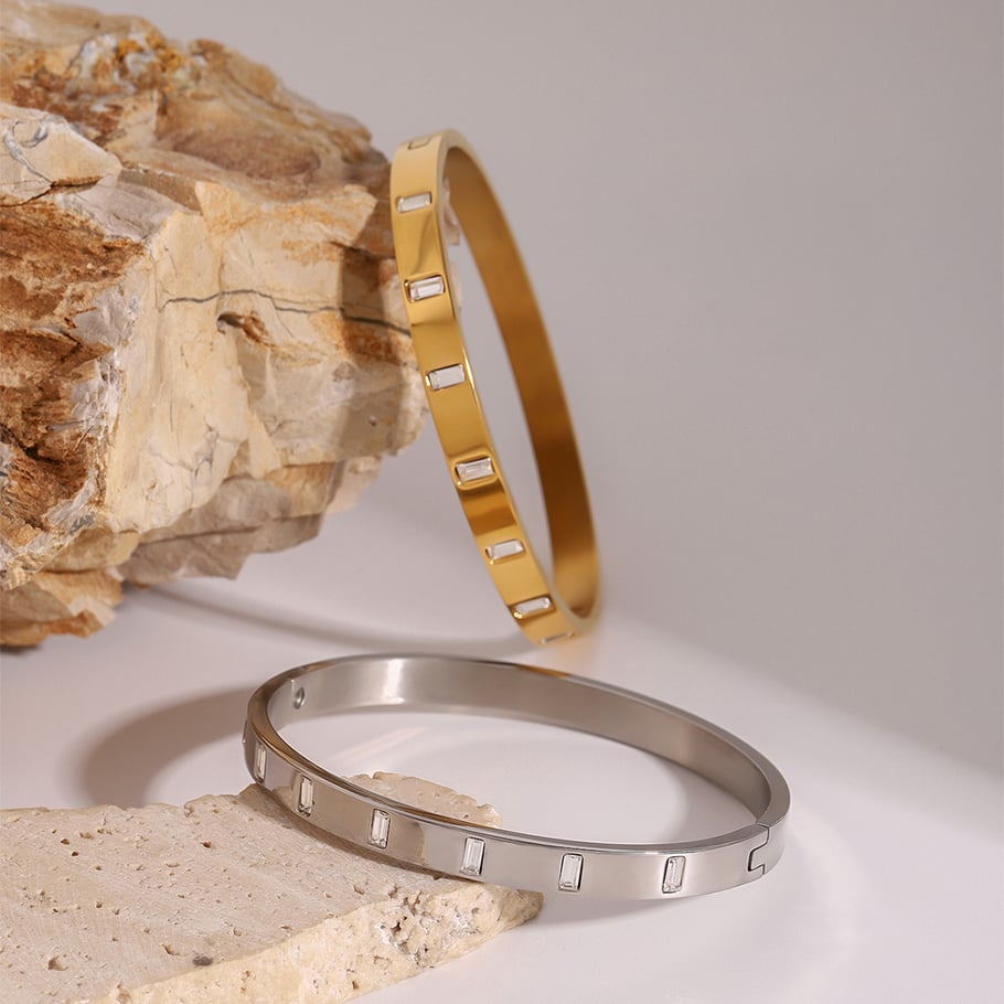 1 Piece Simple Series Casual Annular Stainless Steel 18K Gold Plated Rhinestone Women Bangles Picture5