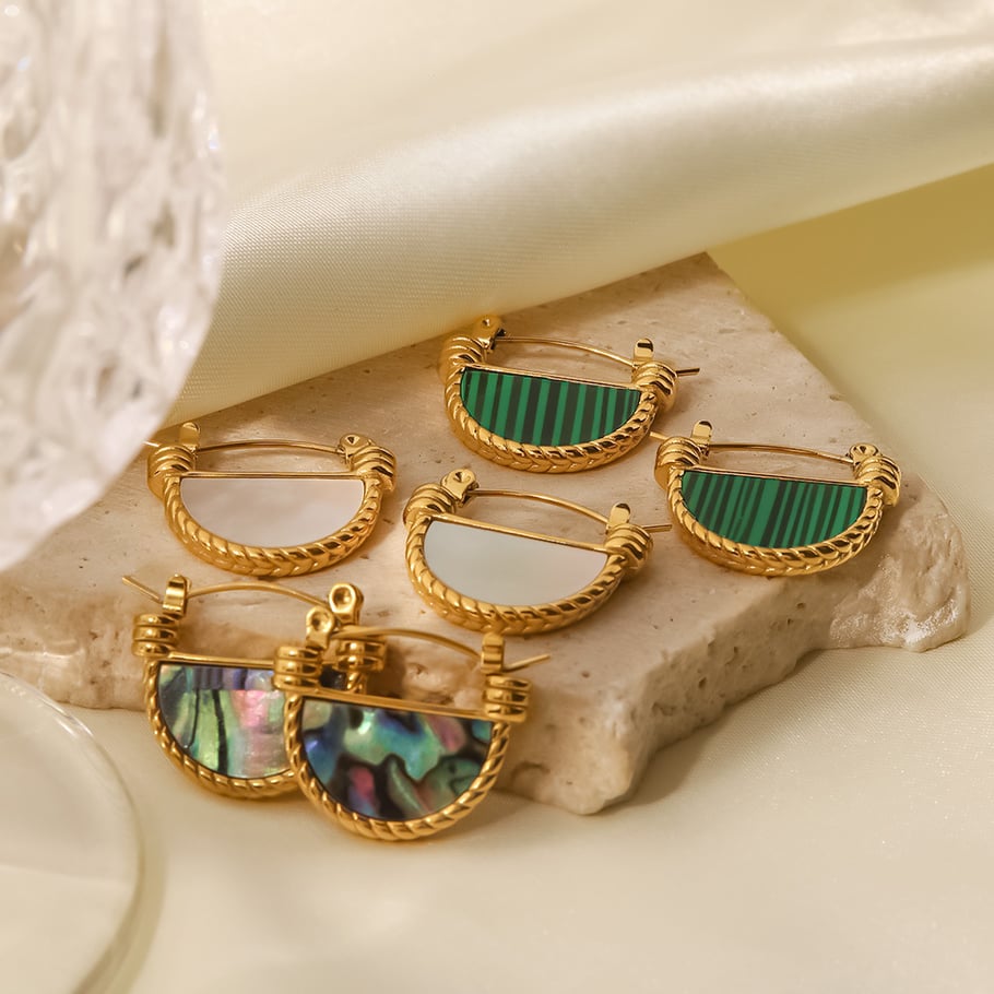 1 Pair Classic Series Daily Geometric Stainless Steel 18K Gold Plated Natural Stone Women Hoop Earrings Picture9