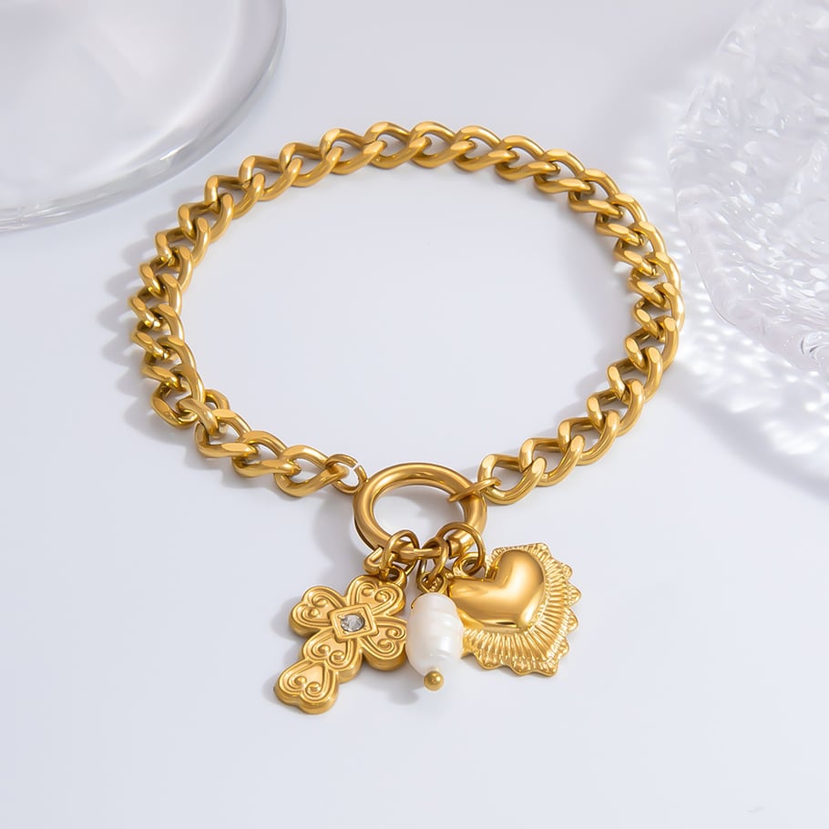 1 Stück Classic Series Daily Heart Edelstahl 18 Karat vergoldet Strass Damen Charm Armbänder Bild7