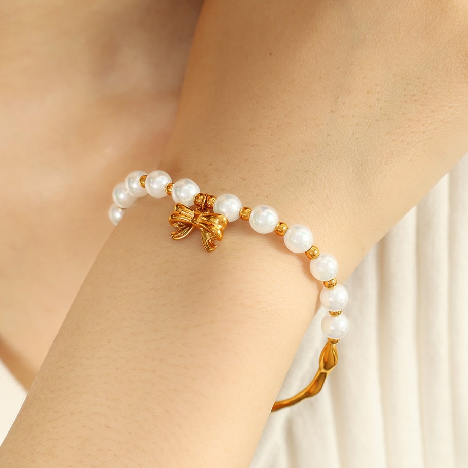 1 Piece Classic Series Retro Bow Knot Stainless Steel 18K Gold Plated Artificial Pearl Women Beaded Bracelets Picture6