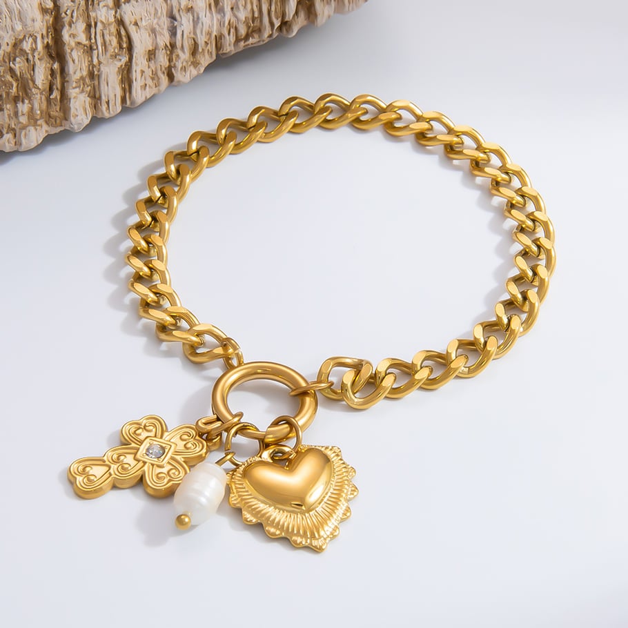 1 Stück Classic Series Daily Heart Edelstahl 18 Karat vergoldet Strass Damen Charm Armbänder Bild9