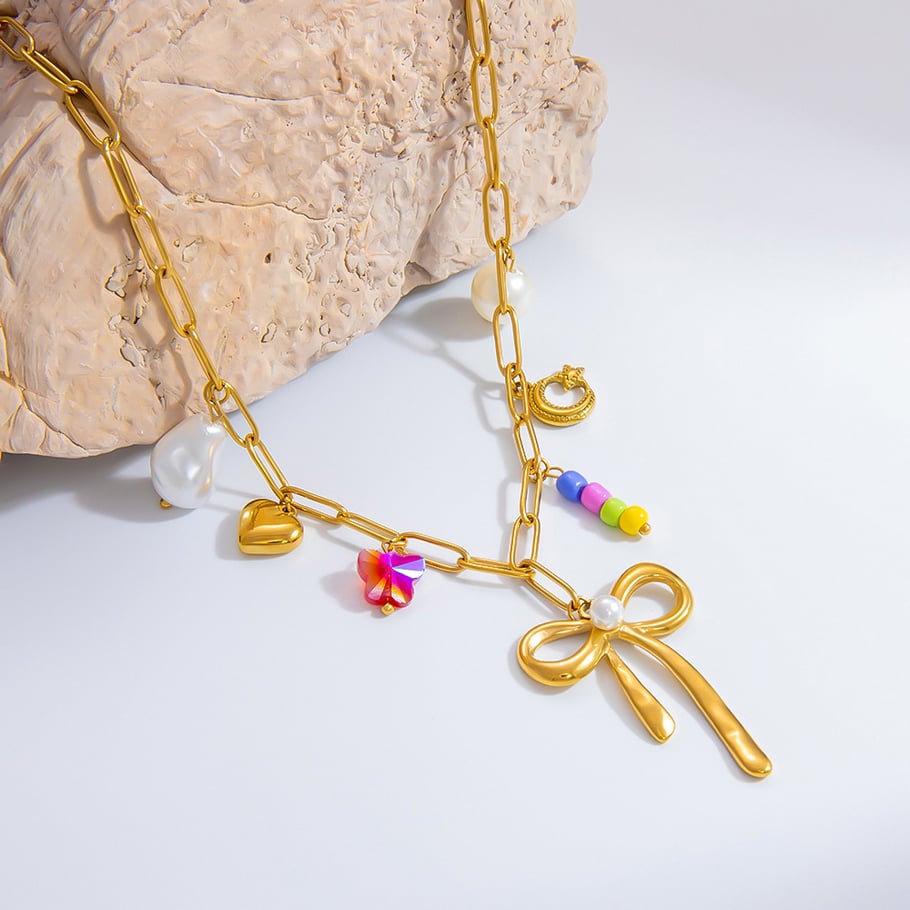 1 Piece Romantic Series Sweet Bowknot Stainless Steel 18K Gold Color Plated Artificial Pearl Women's Pendant Necklaces Picture4