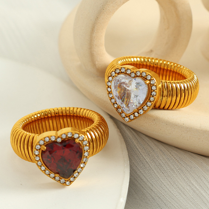 1 Pair Romantic Series Retro Heart Colorful Stainless Steel 18K Gold Color Plated Zircon Women's Single Rings Picture9