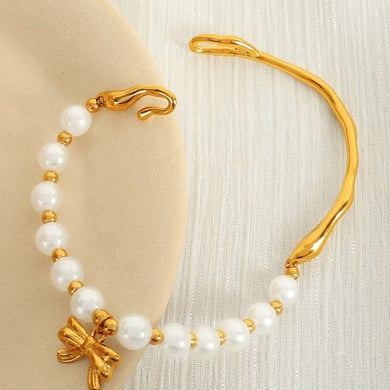 1 Piece Classic Series Retro Bow Knot Stainless Steel 18K Gold Plated Artificial Pearl Women Beaded Bracelets h5 Picture5
