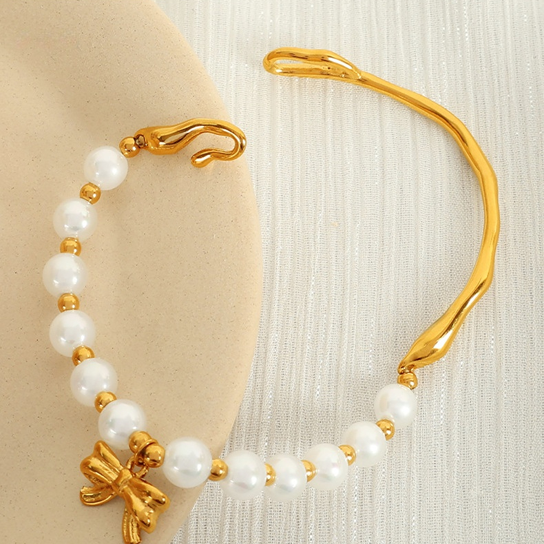 1 Piece Classic Series Retro Bow Knot Stainless Steel 18K Gold Plated Artificial Pearl Women Beaded Bracelets Picture5