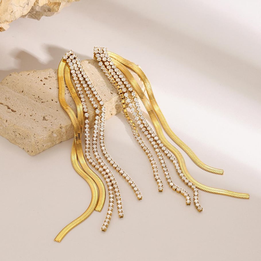 1 Pair Classic Series Elegant line Stainless Steel 18K Gold Plated Rhinestone Women Drop Earrings Picture6