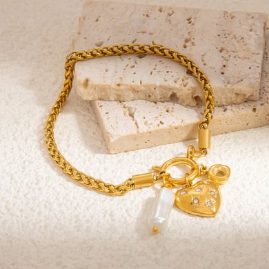 1 Stück Romantische Serie Elegantes Herz Edelstahl 18 Karat vergoldet Kunstperle Damen Charm Armbänder h5 Bild4