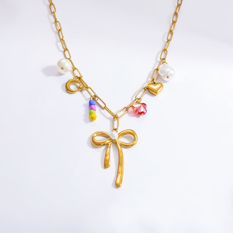 1 Piece Romantic Series Sweet Bowknot Stainless Steel 18K Gold Color Plated Artificial Pearl Women's Pendant Necklaces Picture3
