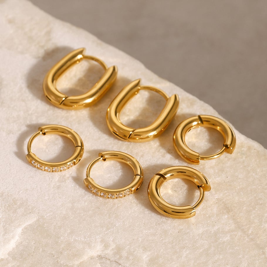 Conjunto de 1 par de pendientes elegantes de acero inoxidable anular con baño de oro de 18 quilates y diamantes de imitación para mujer Imagen10