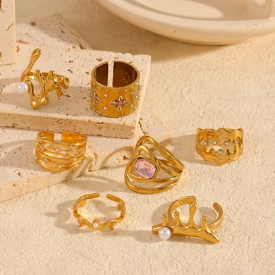 1 Pair Simple Series Daily Ring Stainless Steel 18K Gold Plated Rhinestone Women Adjustable Rings h5 Picture3