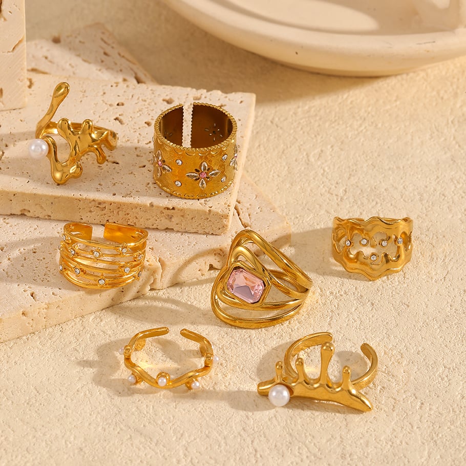 1 Pair Simple Series Daily Ring Stainless Steel 18K Gold Plated Rhinestone Women Adjustable Rings Picture3