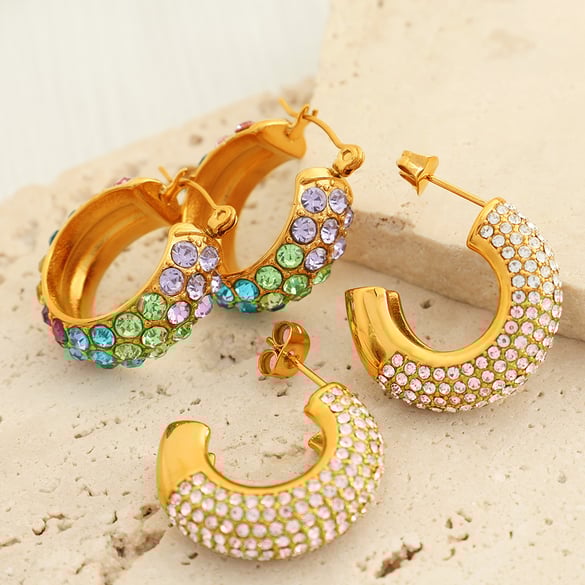 1 Pair Luxurious Series Simple Geometric Stainless Steel 18K Gold Color Plated Rhinestone Women's Hoop Earrings
