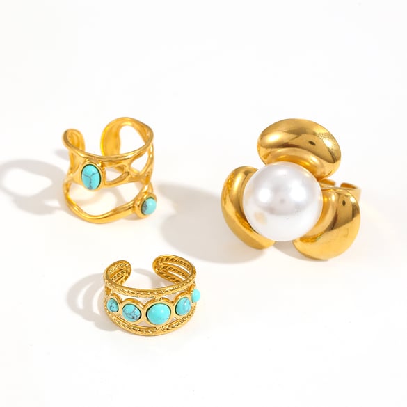1 par de anillos ajustables para mujer, de acero inoxidable, chapados en oro de 18 quilates, con diseño geométrico diario, de serie simple 2