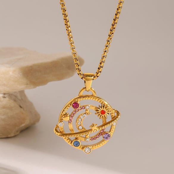 1 Stück Luxuriöse Serie Elegante Sonne/Mond Edelstahl 18K vergoldet Strass Damen Anhänger Halsketten 2