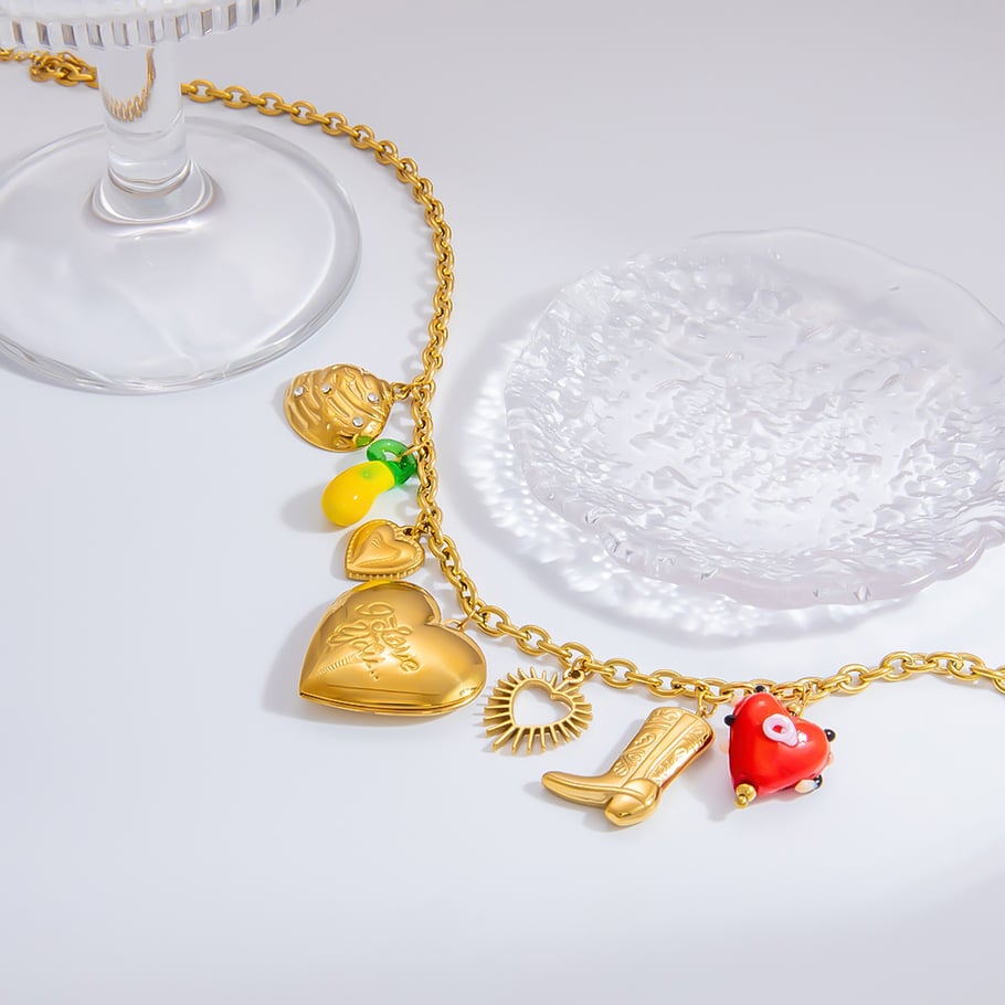 1 Stück Romantische Serie Tägliches Herz Edelstahl 18 Karat vergoldetes Glas Damen Anhänger Halsketten h5Bild4