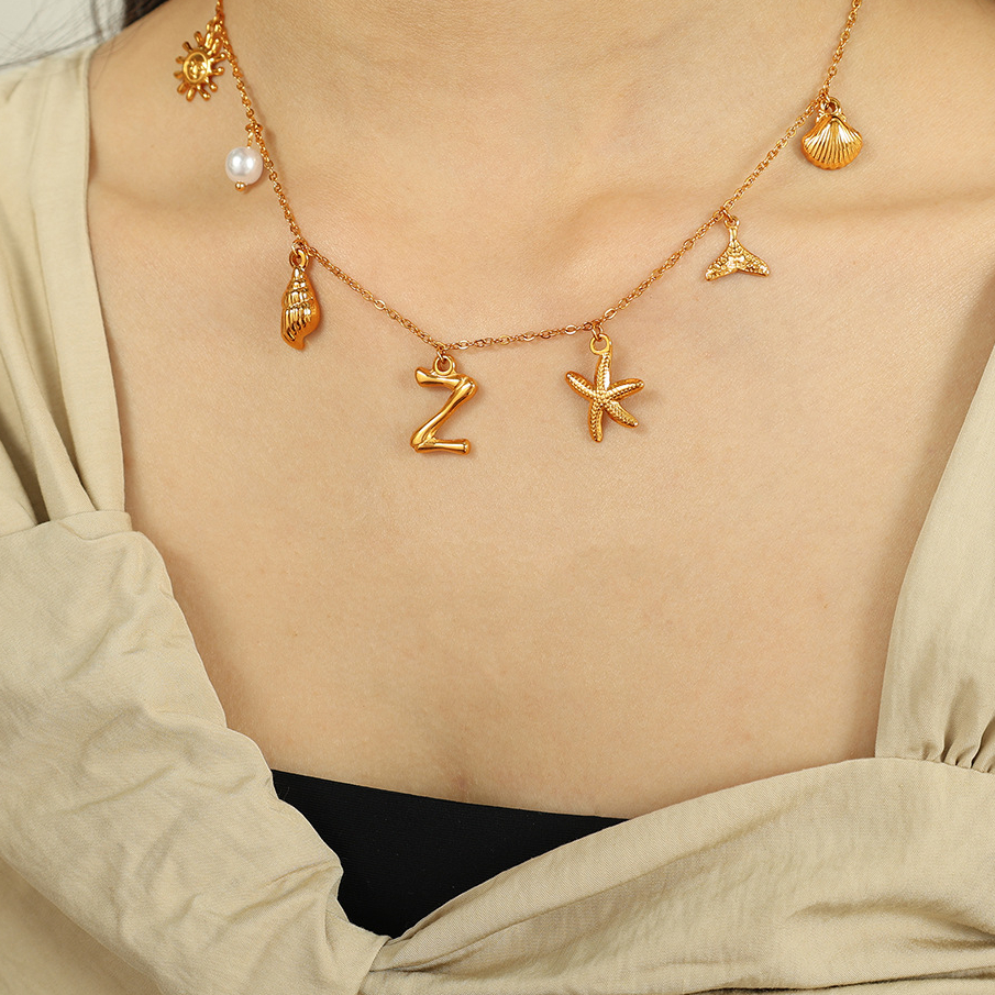 1 Piece Ethnic Series Vacation Letter Stainless Steel 18K Gold Plated Women Pendant Necklaces Picture6