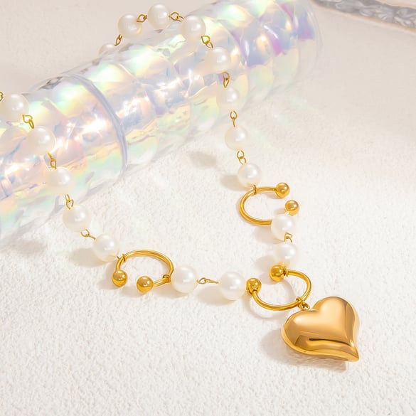 1 Stück Luxuriöse Serie Sweet Heart Edelstahl 18 Karat vergoldete Kunstperle Damen-Anhänger-Halsketten 2