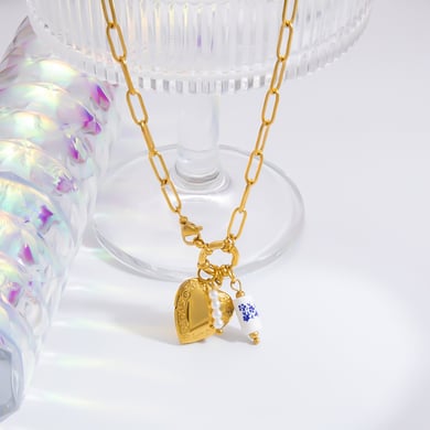 1 Piece Classic Series Porcelainous Heart Random Letters Stainless Steel Gold Color Artificial Pearl Women's Pendant Necklaces h5 Picture5