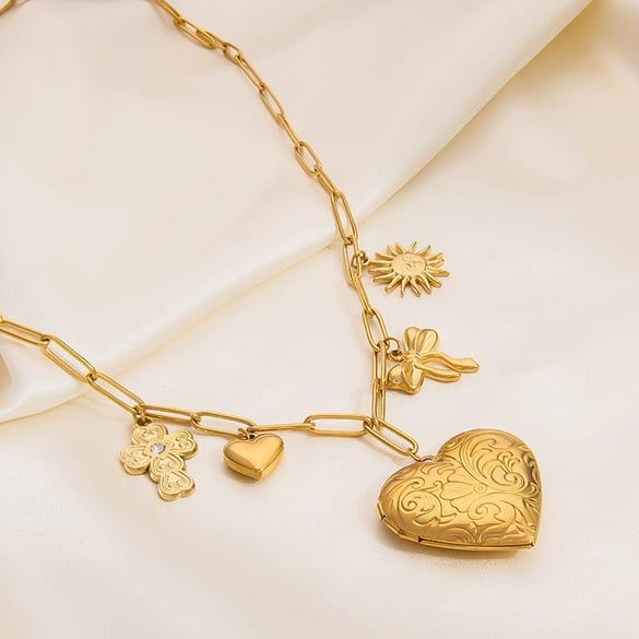 1 Piece Romantic Series Retro Glossy Heart Stainless Steel 18K Gold Color Plated Women's Pendant Necklaces