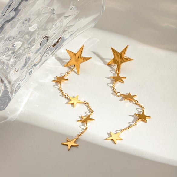 1 Pair Romantic Series Elegant Pentagram Stainless Steel 18K Gold Plated Women Drop Earrings 2