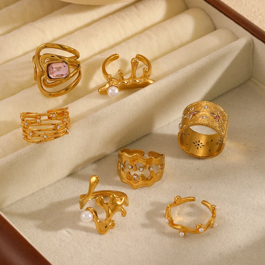1 Pair Simple Series Daily Ring Stainless Steel 18K Gold Plated Rhinestone Women Adjustable Rings Picture4