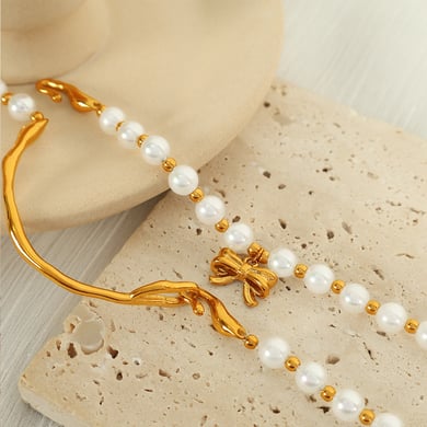 1 Piece Classic Series Retro Bow Knot Stainless Steel 18K Gold Plated Artificial Pearl Women Beaded Bracelets h5 Picture7