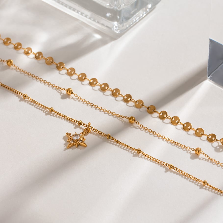 1 pezzo serie classica retrò sole/luna acciaio inossidabile placcato oro 18 carati strass donne collane a strati Immagine10