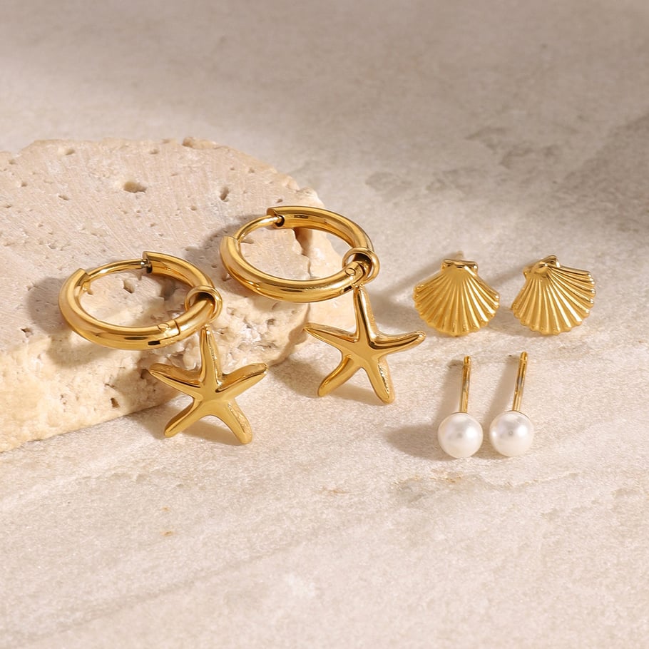 1 Pair Romantic Series Classic starfish Stainless Steel 18K Gold Plated Artificial Pearl Women Earrings Set Picture5