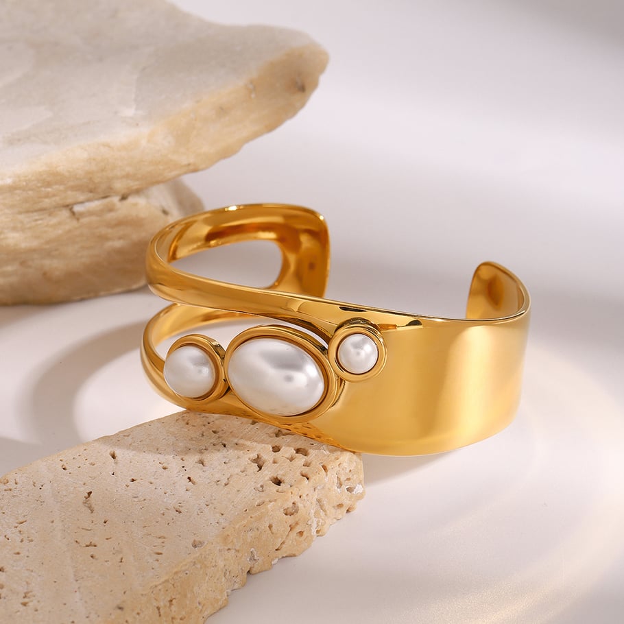 1 Piece Simple Series Elegant pearl Stainless Steel 18K Gold Plated Artificial Pearl Women Bangles Picture5