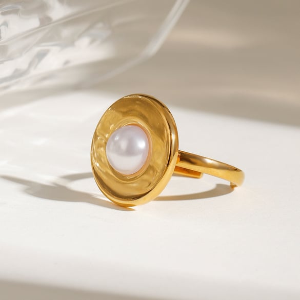 1 Pair Simple Series Simple pearl Stainless Steel 18K Gold Plated Artificial Pearl Women Adjustable Rings 2