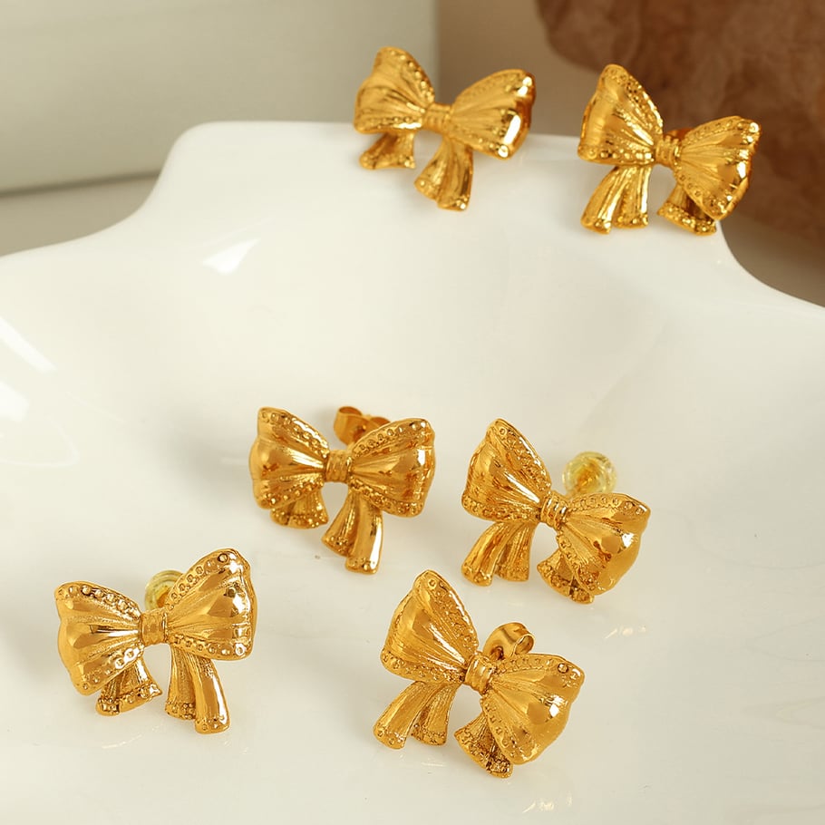 1 Paar romantische Serie süße Schleife Knoten Edelstahl 18 Karat vergoldet Frauen Ohrstecker Bild8