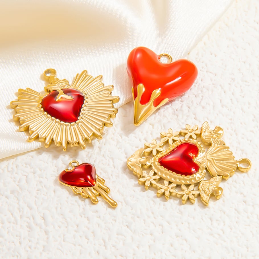1 par de colgantes de acero inoxidable chapados en oro de 18 quilates con forma de corazón retro de la serie clásica para mujer Imagen5