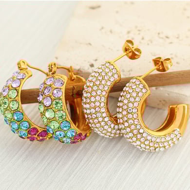 1 Pair Luxurious Series Simple Geometric Stainless Steel 18K Gold Color Plated Rhinestone Women's Hoop Earrings h5 Picture8