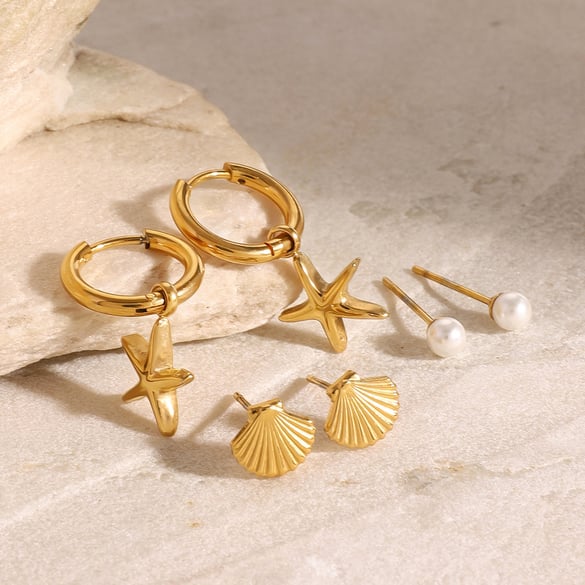 1 Pair Romantic Series Classic starfish Stainless Steel 18K Gold Plated Artificial Pearl Women Earrings Set