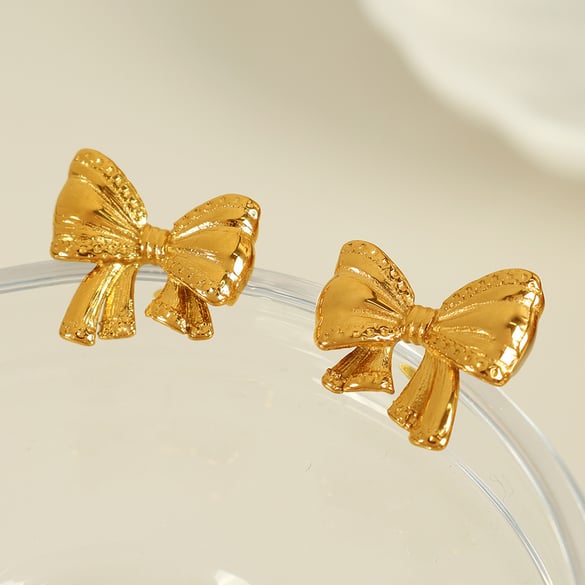 1 Pair Romantic Series Sweet Bow Knot Stainless Steel 18K Gold Plated Women Stud Earrings 2