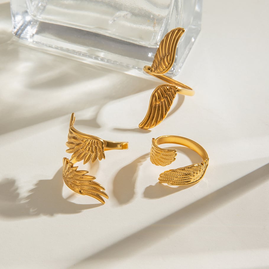 1 Pair Luxurious Series Retro wing Stainless Steel 18K Gold Plated Women Adjustable Rings Picture6