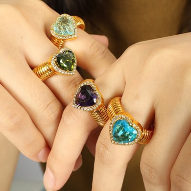 1 Pair Romantic Series Retro Heart Colorful Stainless Steel 18K Gold Color Plated Zircon Women's Single Rings h5 Picture7