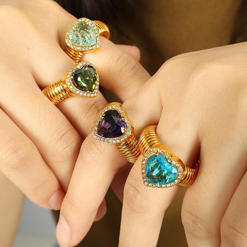 1 Pair Romantic Series Retro Heart Colorful Stainless Steel 18K Gold Color Plated Zircon Women's Single Rings Picture7