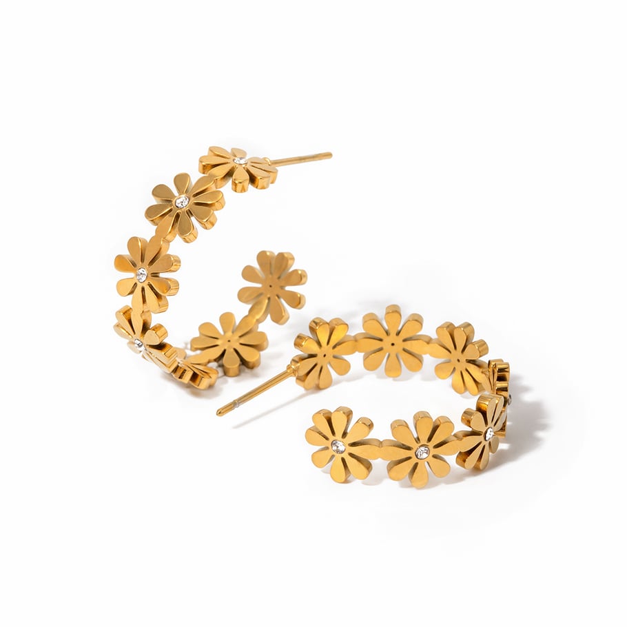1 Pair Simple Series Retro flowers Stainless Steel 18K Gold Plated Rhinestone Women Stud Earrings Picture8