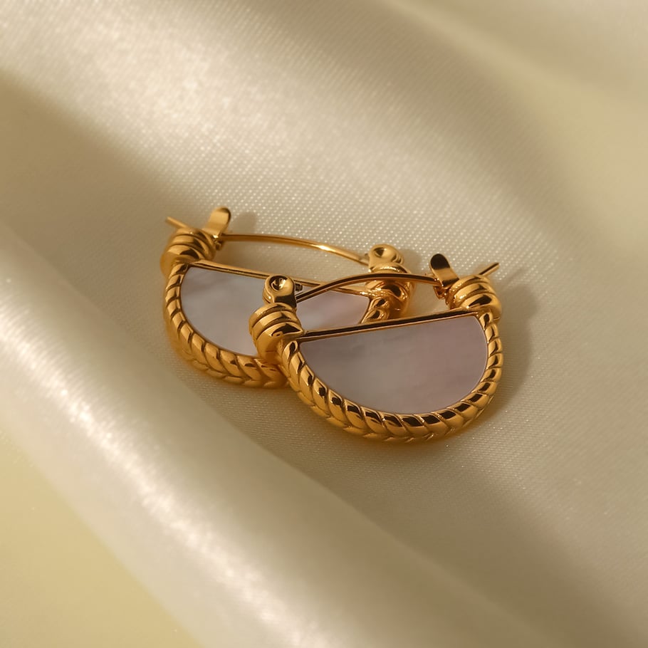 1 Pair Classic Series Daily Geometric Stainless Steel 18K Gold Plated Natural Stone Women Hoop Earrings Picture12