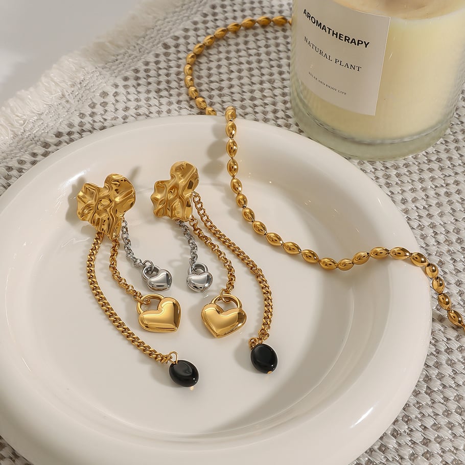 1 Pair Trendy Series Retro Heart Shape Tassels Stainless Steel Gold And Silver Mixed Color Women's Drop Earrings Picture5