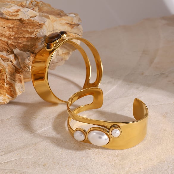 1 Stück Simple Series Elegante Perlen Edelstahl 18 Karat vergoldet Kunstperlen Damen Armreifen