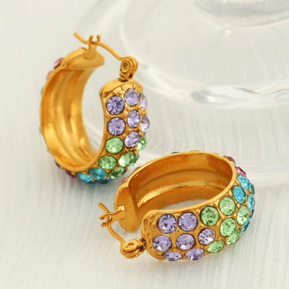1 Pair Luxurious Series Simple Geometric Stainless Steel 18K Gold Color Plated Rhinestone Women's Hoop Earrings 2