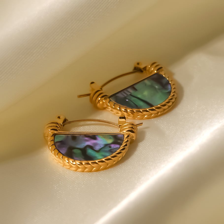 1 Pair Classic Series Daily Geometric Stainless Steel 18K Gold Plated Natural Stone Women Hoop Earrings Picture7