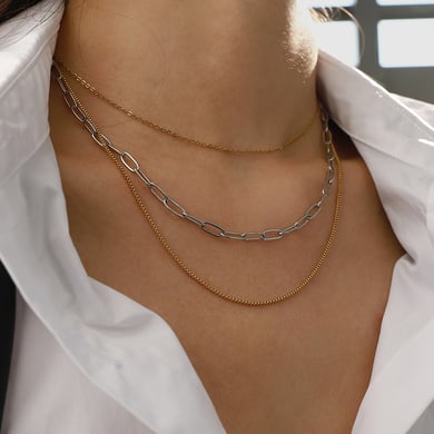 1 Stück einfache Serie Cold Wind Ring Edelstahl vergoldet mehrlagige Halsketten für Damen h5 Bild6
