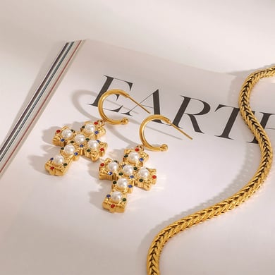 1 Pair Luxurious Series Exquisite Colorful Cross Shape Stainless Steel Gold Color Women's Drop Earrings h5 Picture6